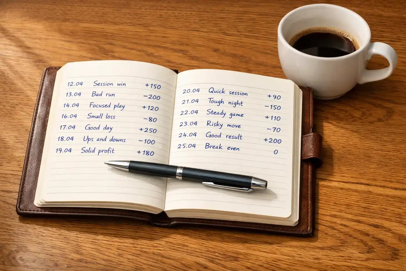 Bloc de notas con anotaciones manuscritas de apuestas junto a un bolígrafo sobre un escritorio de madera